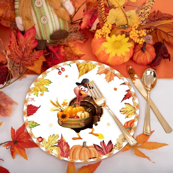 Japceit Thanksgiving Paper Plates, Festive Pumpkin and Leaves Pattern Disposable Tableware, Fall Harvest Party Supplies for Dining