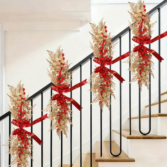 Japceit Upside Down Christmas Wreath, Gold Red Rattan Staircase Decor, Artificial Flower Wreath for Door, Wall and Unique Holiday Display