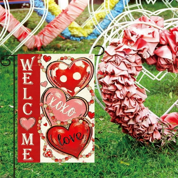 Japceit Valentine Garden Flag, Pink Heart Pattern Double-Sided Banner, 12x18 Inch Vertical Patio Flag for Outdoor, Farmhouse and Seasonal Display