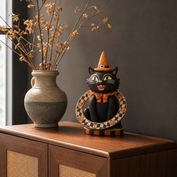 Japceit Vintage Halloween Black Cat With Checkered Pumpkin Ring,Resin Vintage Halloween Figurines,Cute Tabletop Mantel Decor,For Table Top Desk