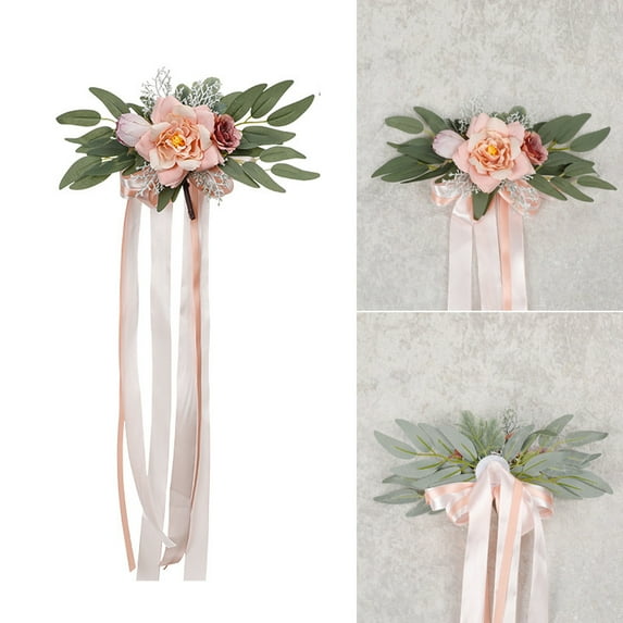 Japceit Wedding Aisle Chair Back Decor, Simulated Flower Arrangement with Ribbon, Church Ceremony Pew Decoration for Reception Banquet Hall