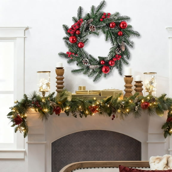Japceit Winter Rattan Christmas Wreath, Large Artificial Green Wreath for Front Door, Natural Style Holiday Decor for Entrance, Window, Wall Seasonal Display