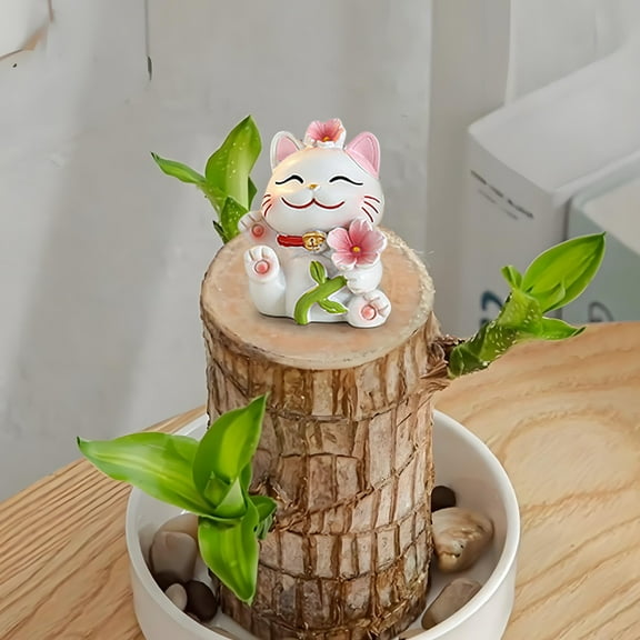 Japceit Wooden Lucky Cat Ornament, Japanese Style Money Tree Decor for Home Living Room, Cute Kitty Figurine with Cherry Blossom Design for Office Desk Shelf