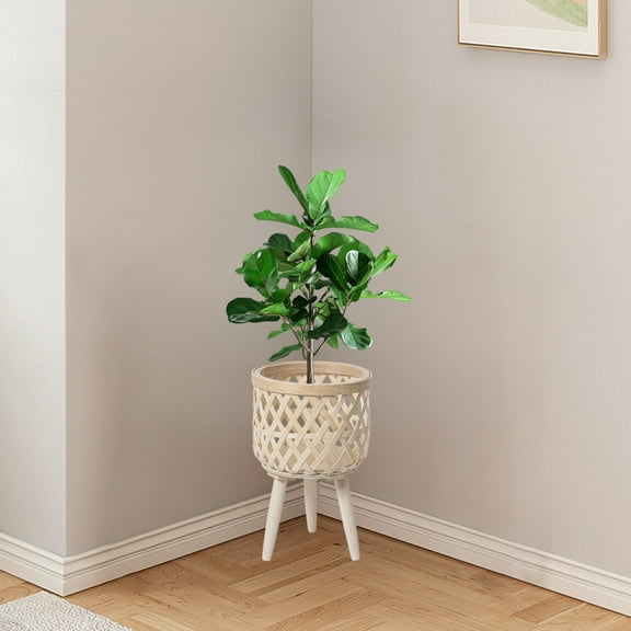 Japceit Wooden Woven Plant Pot, Elevated Floor Standing Flower Holder for Indoor Balcony, Decorative High-Leg Planter with Natural Rattan Style Weave Pattern