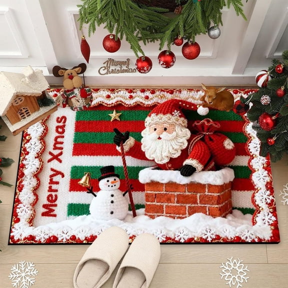 Japceit Woven Santa Claus Christmas Mat, Diatomite Mud Bathroom Floor Decor, Seasonal Doormat for Entrance, Home, Holiday Display Setup