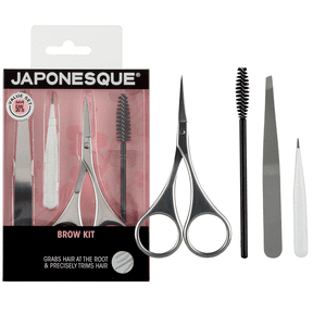 Japonesque Brow Grooming Kit, Includes Slant Tweezer, Point Tweezer, Scissors & Spoolie, 4 Piece