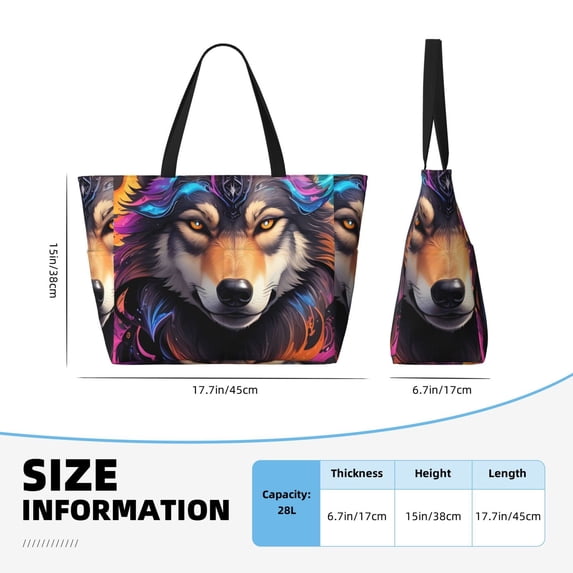 Japuie Colorful Wolf Head Print Large Capacity Beach Travel Bag,Waterproof Beach Totes Bags for Women Men,Foldable Pool Bag with Zipper