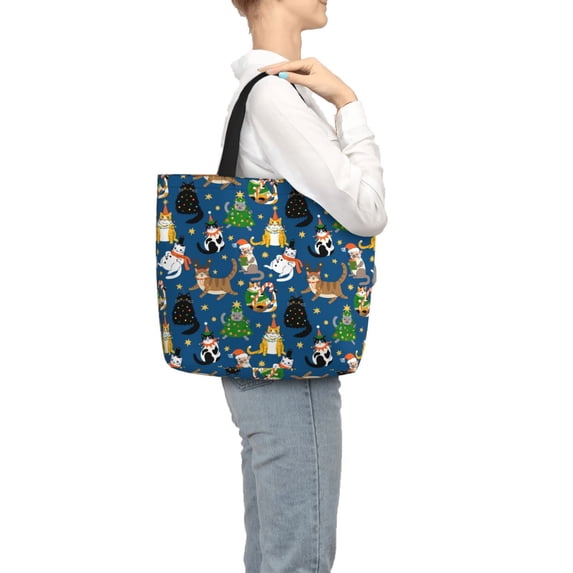 Japuie Different Cats Christmas Print Tote Bags, Shoulder Bag with Zipper Closure, Top Handle Handbag,Shopping Bags,Travel Shoulder Bag ,Suitable for Gym Shopping, Work, and School