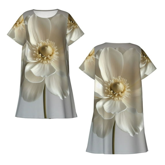 Japuie Elegant Ivory Flower Print Women's Nightgown,Women's Short-sleeve Sleepwear,Short Sleeves Shirt,Casual Sleep Dress,Comfy Nightdress, Soft Nightgowns for Women-Large