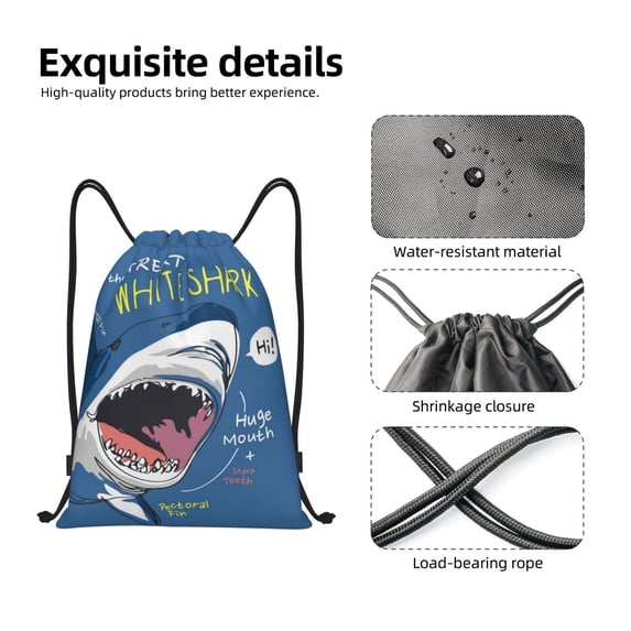 Japuie Great White Shark Print Drawstring Backpack,Drawstring Bags, Draw String Back Bag,Sport Gym Bag for Sports, Gym, Travel, Swimming, Beach -Small