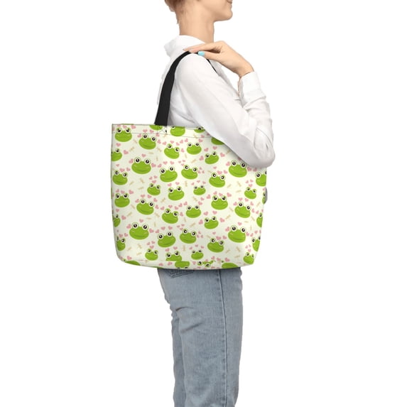 Japuie Green Frog Print Tote Bags, Shoulder Bag with Zipper Closure, Top Handle Handbag,Shopping Bags,Travel Shoulder Bag ,Suitable for Gym Shopping, Work, and School