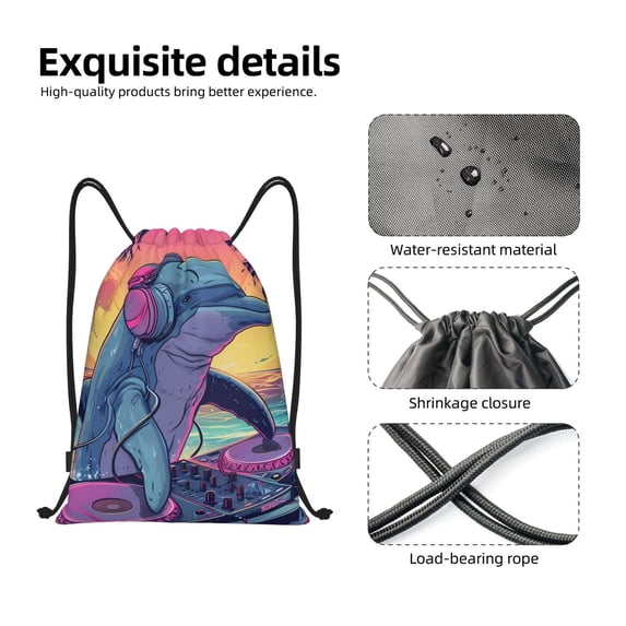 Japuie Hip-Hop DJ Dolphin Print Drawstring Backpack,Drawstring Bags, Draw String Back Bag,Sport Gym Bag for Sports, Gym, Travel, Swimming, Beach -Small