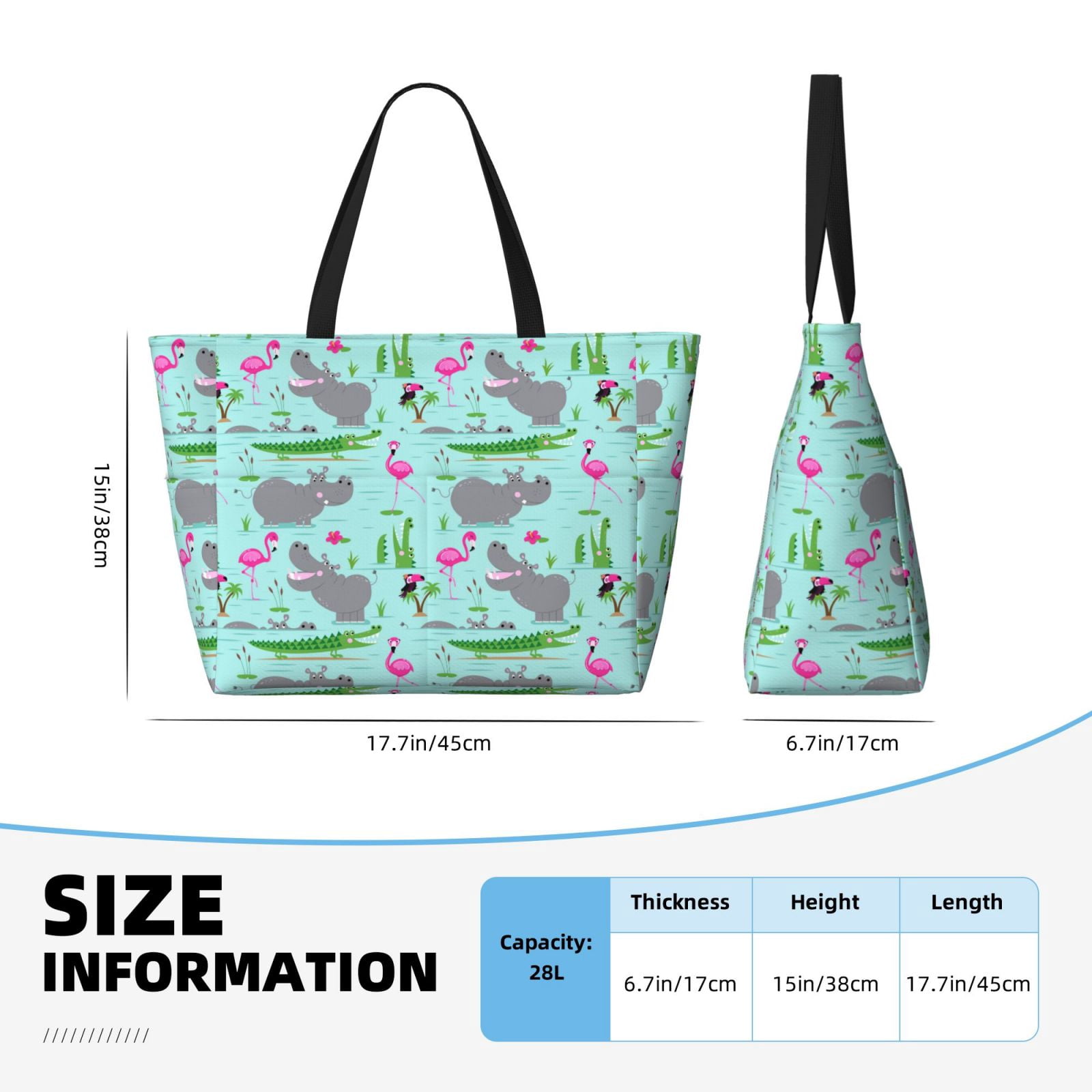 Sac Cabas Tote Bag Femme Flamingo, Toile Imprimée Main, Fond Cuir Vegan Bleu