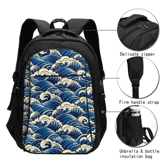 Japuie Japanese Water Wave Print Laptop Backpack,Business Travel Durable Laptops Backpack with USB Charging Port,Water Resistant College Computer Bag for Women & Men