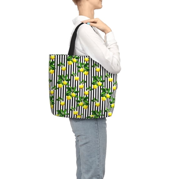 Japuie Lemons on Striped Print Tote Bags, Shoulder Bag with Zipper Closure, Top Handle Handbag,Shopping Bags,Travel Shoulder Bag ,Suitable for Gym Shopping, Work, and School