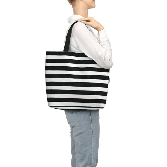Japuie Black And White Stripes Print Tote Bags, Shoulder Bag with Zipper Closure, Top Handle Handbag,Shopping Bags,Travel Shoulder Bag ,Suitable for Gym Shopping, Work, and School