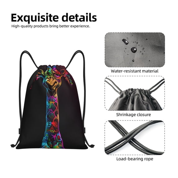 Japuie Neon Psychedelic Giraffe Print Drawstring Backpack,Drawstring Bags, Draw String Back Bag,Sport Gym Bag for Sports, Gym, Travel, Swimming, Beach -Small