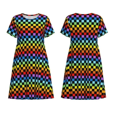 Japuie Rainbow Chequerboard Print Women's Casual Dress with Pockets,Women's Short sleeve Dress,A-Line Dresses,Summer Dresses for Women,Sundresses Beach Swing Dresses -XX-Large