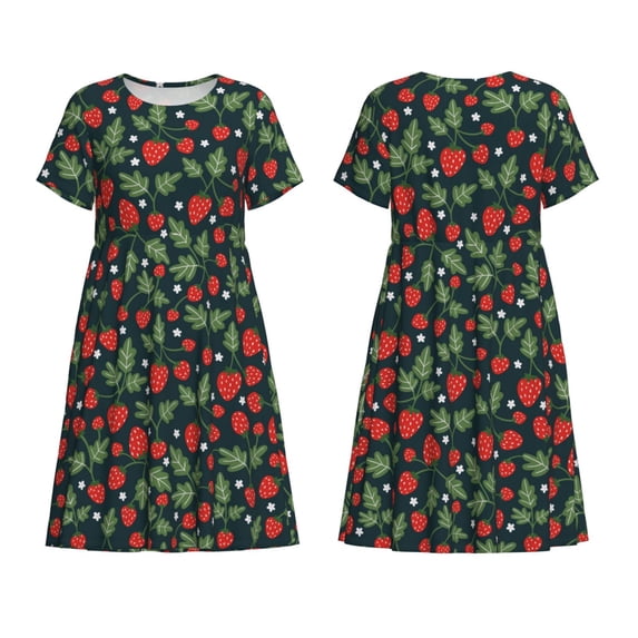 Japuie Strawberry Print Women's Casual Dress with Pockets,Women's Short sleeve Dress,A-Line Dresses,Summer Dresses for Women,Sundresses Beach Swing Dresses -Large