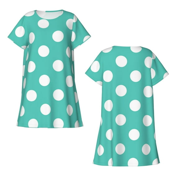 Japuie Teal Turquoise And White Polka Dot Print Women's Nightgown,Women's Short-sleeve Sleepwear,Short Sleeves Shirt,Casual Sleep Dress,Comfy Nightdress, Soft Nightgowns for Women-Small