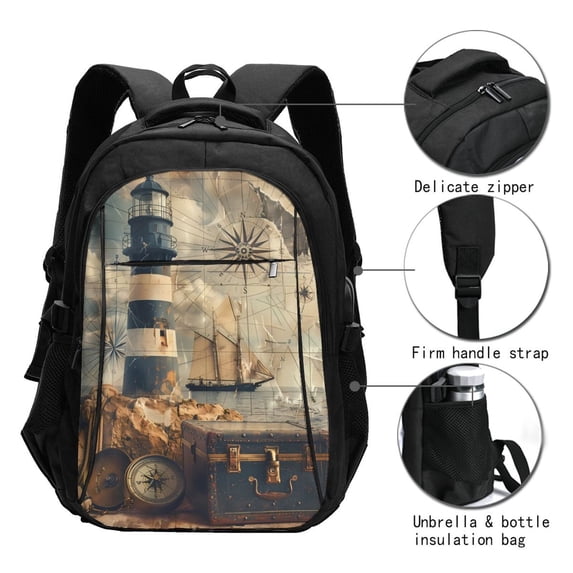 Japuie Vintage Nautical Lighthouse Print Laptop Backpack,Business Travel Durable Laptops Backpack with USB Charging Port,Water Resistant College Computer Bag for Women & Men