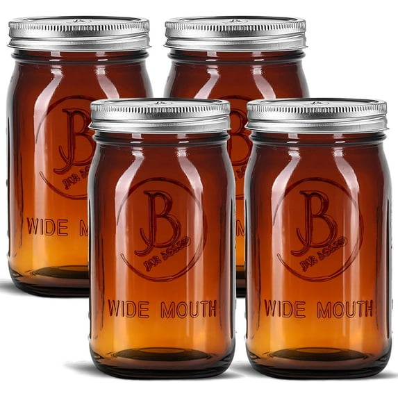 Jar Boss 32 Ounce Wide Mouth Mason Jars, Airtight Seal, Glass, 4 Count