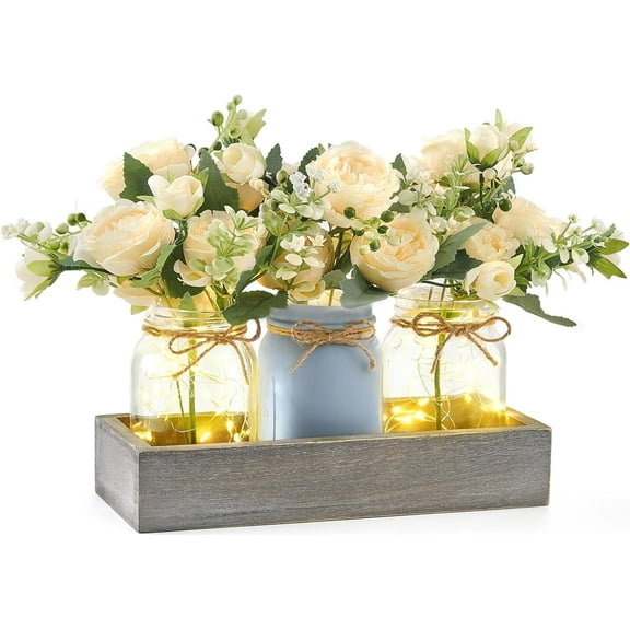 Jar Light Centerpiece Table Decoration for Dining Room Farmhouse Wood Pallet with 3 Jars Spring Decoration for Coffee Table Kitchen Living Room