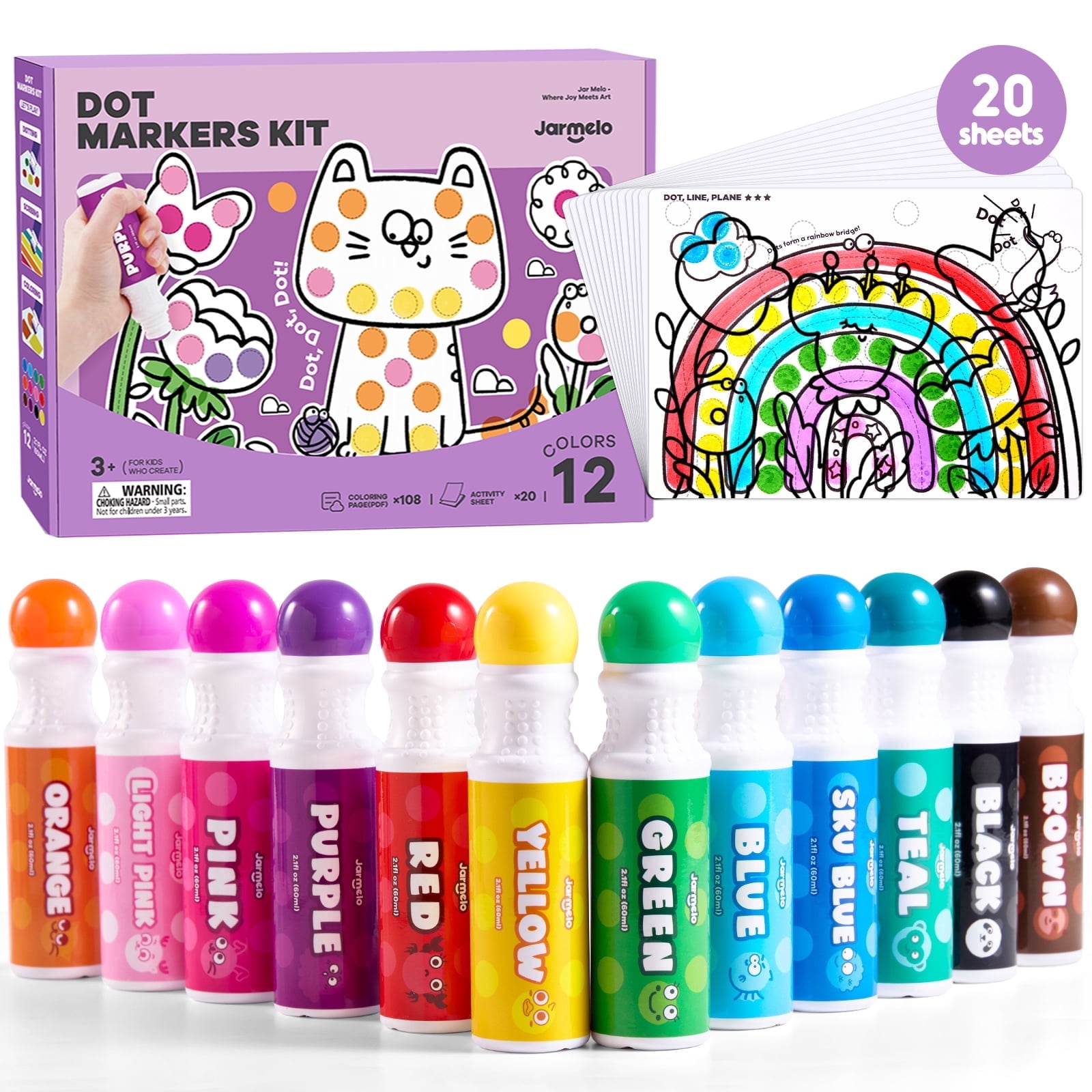 Jar Melo 12 Colors Washable Dot Markers Kit for 3-8+ Age Kids, Non Toxic Dot Paint Markers with 108 Free Pdf Activity Book & Physical Sheets 2.1 fl.oz