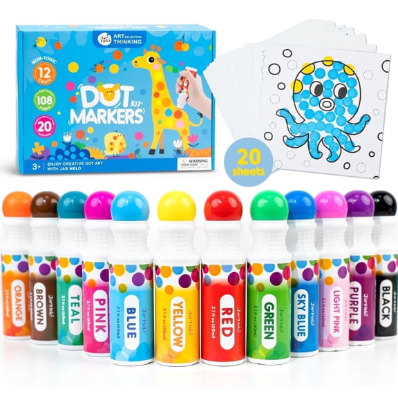 Jar Melo 12 Colors Washable Dot Markers Kit for 3-8+ Age Kids, Non Toxic Dot Paint Markers with 108 Free Pdf Activity Book & Physical Sheets 2.1 fl.oz
