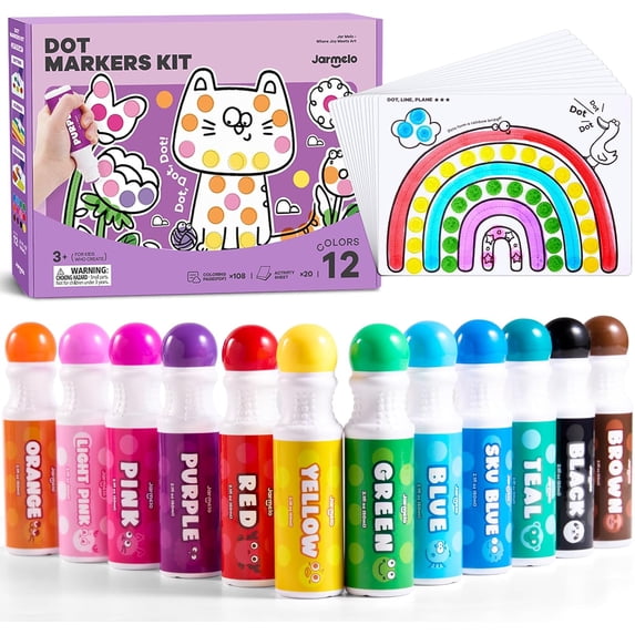 Jar Melo 12 Colors Washable Dot Markers Kit for 3-8+ Age Kids, Non Toxic Dot Paint Markers with 108 Free Pdf Activity Book & Physical Sheets 2.1 fl.oz