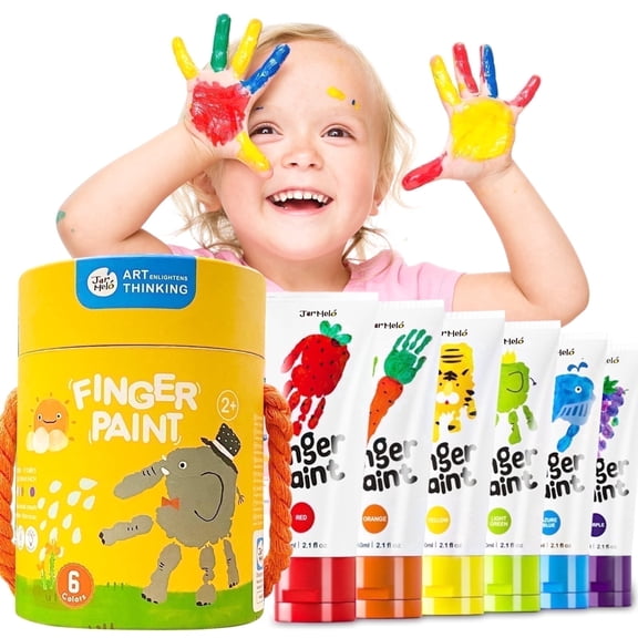 Jar Melo Washable Finger Paints for Toddlers, 6 Colors Large Capacity (2.1fl oz), Non Toxic Baby Paint for Hand and Feet, Safe Art Supplies, Preschool Learning Gifts for Kids Age 2+