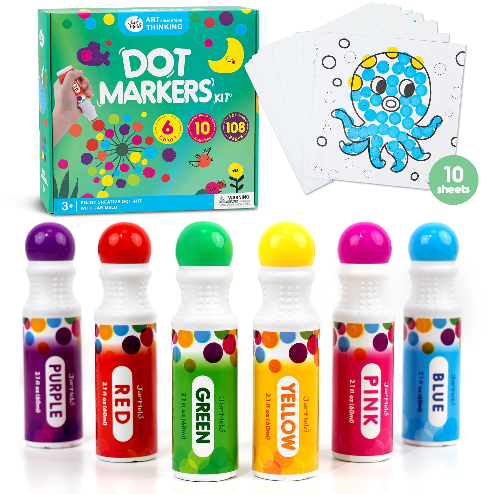 Jar Melo Washable Dot Markers Kit; 6 Colors Dot Paint Markers 2.1 fl.oz