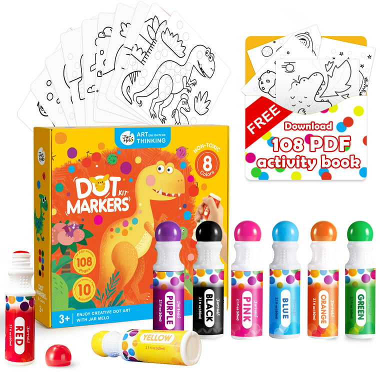 Jar Melo Washable Dot Markers Kit for Kids 3-8+ Age,8 Colors Non Toxic Dot Paint Markers with 108 Free PDF Activity Book & Physical Sheets 2.1 fl.oz
