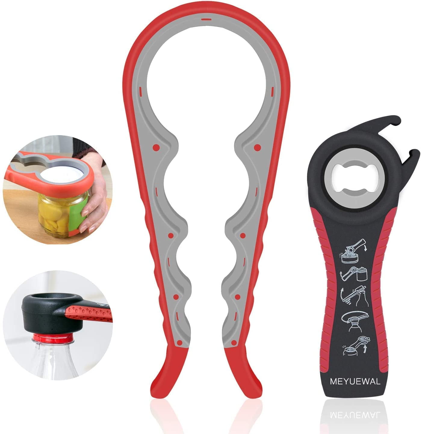 Jar Opener, 5 in 1 Multi Function Can Opener Bottle Opener Kit with Silicone Handle Easy to Use for Children, Elderly and Arthritis Sufferers (Apple Red）,