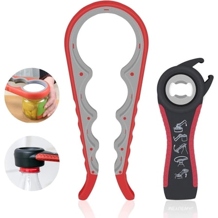 Jar Opener, 5 in 1 Multi Function Can Opener Bottle Opener Kit with Silicone Handle Easy to Use for Children, Elderly and Arthritis Sufferers (Apple Red）