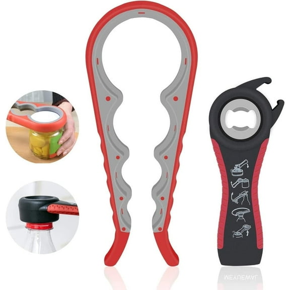 Jar Opener, 5 in 1 Multi Function Can Opener Bottle Opener Kit with Silicone Handle Easy to Use for Children, Elderly and Arthritis Sufferers (Apple Red）
