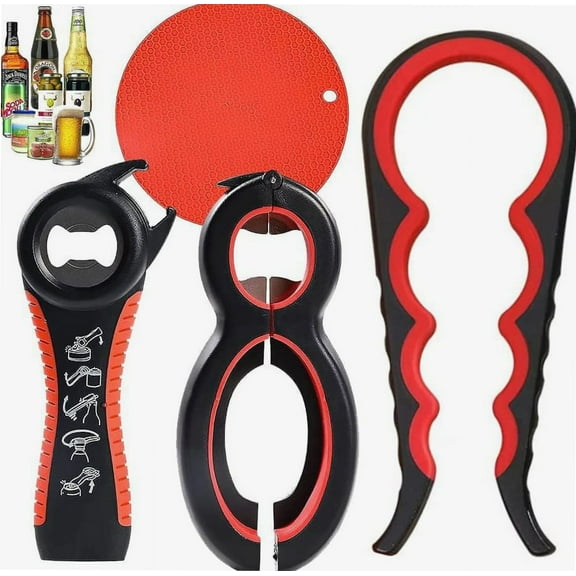 Jar Opener Grabber - 4 Packs Rubber Jar Opener for Weak Hands 6-in-1 5-in-1 Jar Bottle Opener Can Opener for Seniors with Arthritis