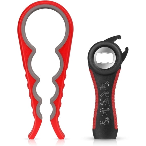 Jar Opener Kit, 4 in 1 Jar Opener for Seniors with Arthritis, 5 in 1 Jar Opener for Weak Hands, Multi-Function Non Slip Bottle Opener (Red & Black)