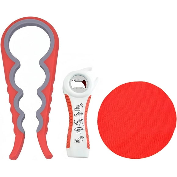 Jar Opener Kit, 5 in 1 Multi Function Can Opener, 4 in 1 Bottle Opener with Non Slip Rubber Jar Gripper Pad for Arthritis Weak Hands