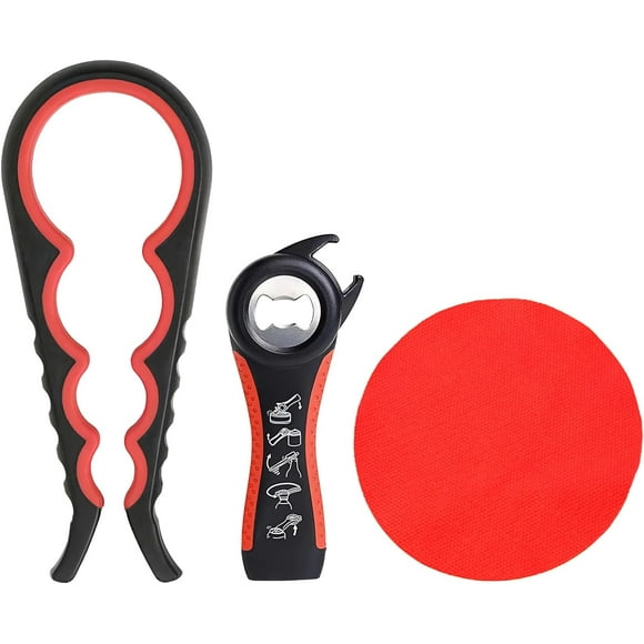 Jar Opener Kit, 5 in 1 Multi Function Can Opener, 4 in 1 Bottle Opener with Non Slip Rubber Jar Gripper Pad for Arthritis Weak Hands