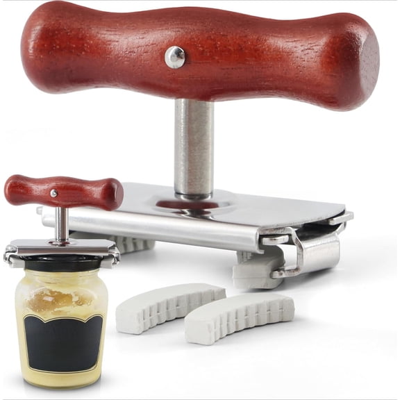 Jar Opener for Seniors with Arthritis & Weak Hands Adjustable Lid Remover Tool for Jars & Bottles Heavy Duty Stainless Steel with Wood Handle + 2 Extra Anti-Slip Rubber Grips