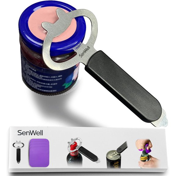 Jar Opener, Stainless Steel Jar Key & Grippers For Seniors, Nail-Safe | Magnet 3-in-1 Lid Popper, Bottle Opener & Pull-Tab Soda Can Opener with 4 Pcs Non-Slip Grippers for Weak Hands, Arthritis