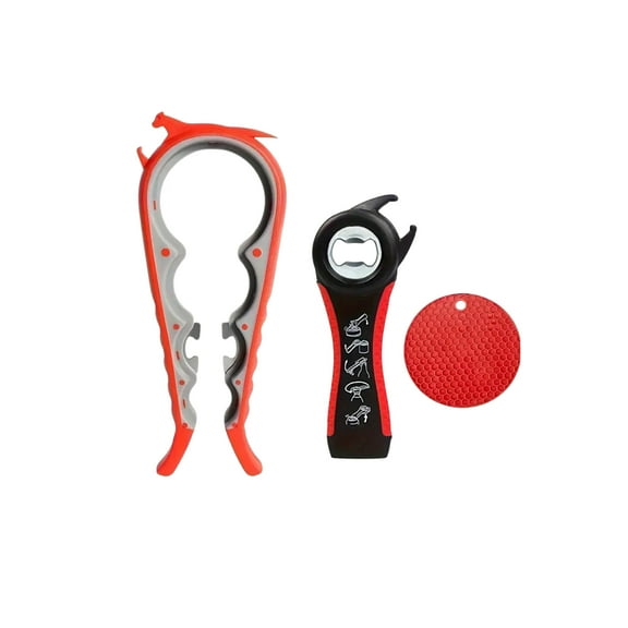 Jar Opener for Weak Hands, Easy Twist Jar Opener For Seniors with Arthritis, 5 in 1 Multi Function Bottle Opener Lid Opener For Arthritic Hands with Non Slip Rubber Jar Gripper Pad(3-piece set, Red)