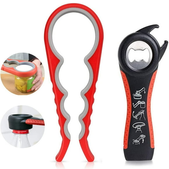 Jar Opener for Weak Hands, Easy Twist Jar Opener For Seniors with Arthritis, 5 in 1 Multi Function Bottle Opener Lid Opener For Arthritic Hands with Non Slip Rubber Jar Gripper Pad(2-piece set, Red)