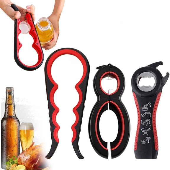 Jar Opener for Weak Hands, Easy Twist Jar Opener For Seniors with Arthritis, 5 in 1 Multi Function Bottle Opener Lid Opener For Arthritic Hands with Non Slip Rubber (Red),can opener manual