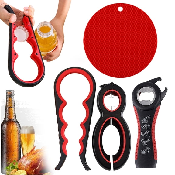 Jar Opener for Weak Hands, Seniors with Arthritis, 5 in 1 Multi Function Bottle Opener Lid Opener For Arthritic Hands with Non Slip Rubber Jar opener Gripper Pad and Corkscrew Wine Opener(RED)
