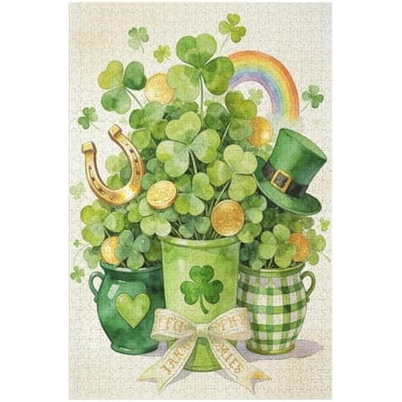 Jar Shamrock Clover Hat 1000 Piece Jigsaw Puzzle for Adults, Saint Patricks Day Irish Holiday Art Puzzle with Green Shamrock Jar, Relaxing Brain Challenge for Home Decor