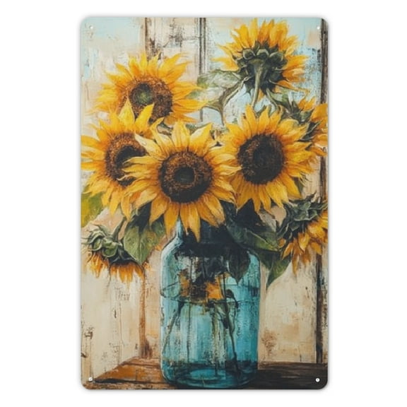 Jar with Sunflowers Floral Bouquet Farmhouse Metal Tin Sign Spring Flowers Wall Decor Funny Decoration for Home Kitchen Bar Garage Vintage Retro Plaque Tin Signs 8X12 Inches