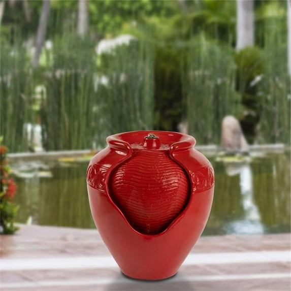 Jar Water Fountain - Indoor or Outdoor Ceramic-Look Glazed Pot Resin Water with Electric Pump & LED Lights, Imperial Red