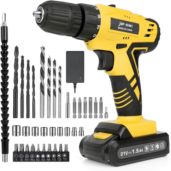 Jar-owl 21V Power Drill Set with 37PCS Drill Bit,Cordless Drill Kit with Battery and Charger,Jar-owl Home Tool Kit with Electric Drill,Power Tool Combo Kit for Men Women Office Repair Maintain-Yellow